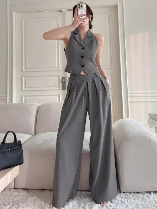 Dazy Women Wide Leg Pants Suit Set, Gray - Picture 6 of 7